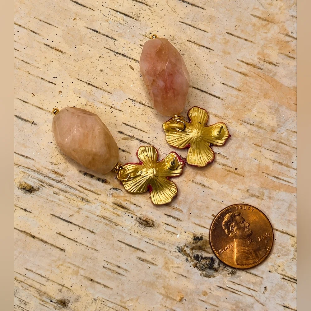 Handpainted Pink Flower & Natural Morganite In Chunky Gold Plated Earrings